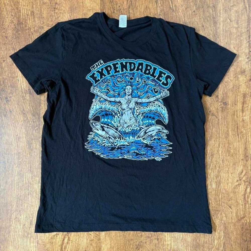 The Expendables faded black graphic t-shirt with an ocean deity design